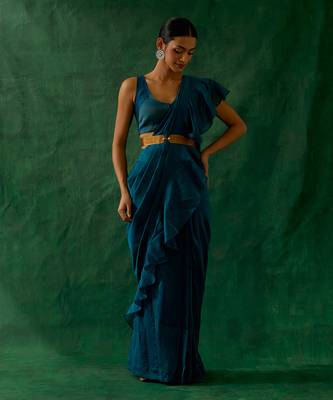 Ready to wear ruffled saree & blouse in teal blue chanderi handloom with gold zari belt 1