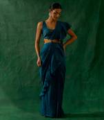 Ready to wear ruffled saree & blouse in teal blue chanderi handloom with gold zari belt