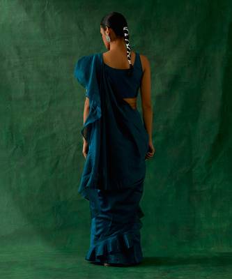 Ready to wear ruffled saree & blouse in teal blue chanderi handloom with gold zari belt 2