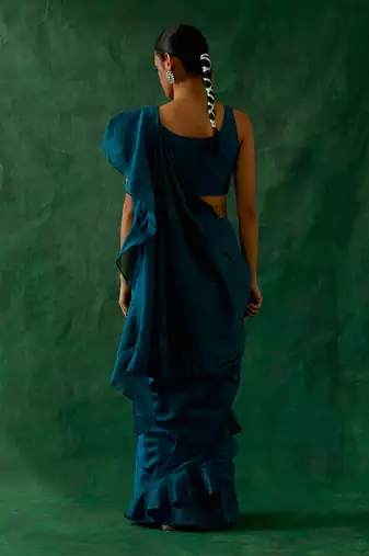 Ready to wear ruffled saree & blouse in teal blue chanderi handloom with gold zari belt