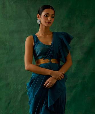 Ready to wear ruffled saree & blouse in teal blue chanderi handloom with gold zari belt 3