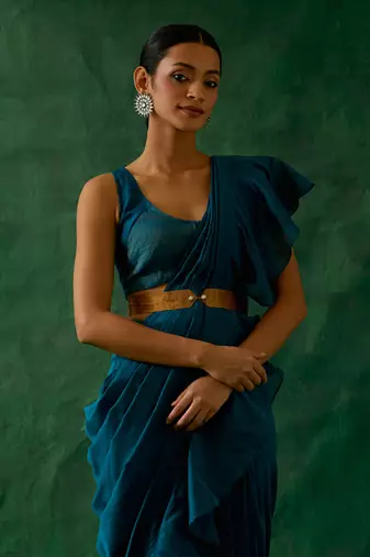 Ready to wear ruffled saree & blouse in teal blue chanderi handloom with gold zari belt