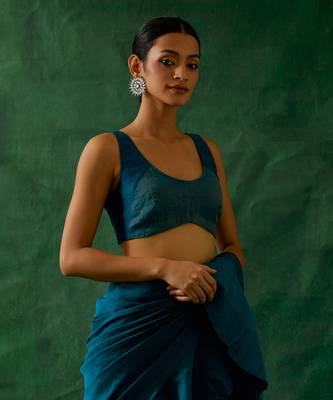 Ready to wear ruffled saree & blouse in teal blue chanderi handloom with gold zari belt 4