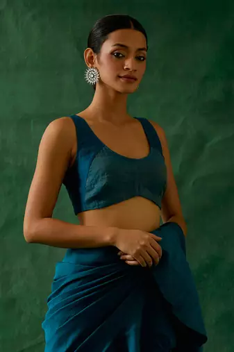 Ready to wear ruffled saree & blouse in teal blue chanderi handloom with gold zari belt