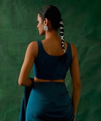 Ready to wear ruffled saree & blouse in teal blue chanderi handloom with gold zari belt 5