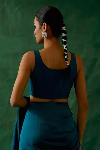 Ready to wear ruffled saree & blouse in teal blue chanderi handloom with gold zari belt