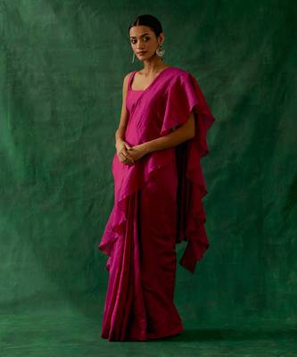 Ready to wear ruffled saree & blouse in hot pink chanderi handloom with gold zari belt 1