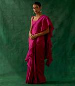 Ready to wear ruffled saree & blouse in hot pink chanderi handloom with gold zari belt