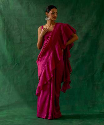 Ready to wear ruffled saree & blouse in hot pink chanderi handloom with gold zari belt 2