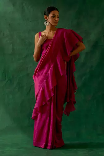 Ready to wear ruffled saree & blouse in hot pink chanderi handloom with gold zari belt
