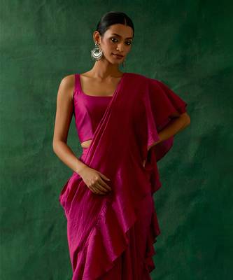 Ready to wear ruffled saree & blouse in hot pink chanderi handloom with gold zari belt 3