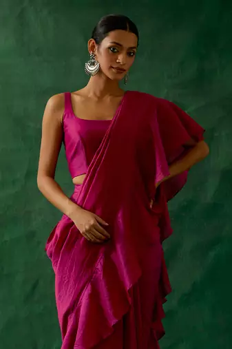 Ready to wear ruffled saree & blouse in hot pink chanderi handloom with gold zari belt