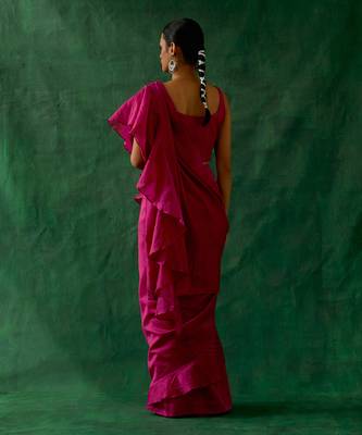 Ready to wear ruffled saree & blouse in hot pink chanderi handloom with gold zari belt 4
