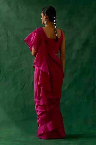 Ready to wear ruffled saree & blouse in hot pink chanderi handloom with gold zari belt