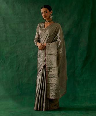 handcrafted black silver zari silk saree with blouse 2