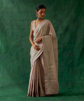 handcrafted pink silver zari silk saree with blouse 2
