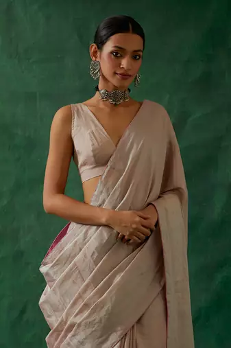 handcrafted pink silver zari silk saree with blouse