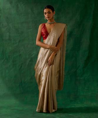 handcrafted beige gold zari silk saree with red chanderi blouse 1