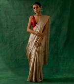 handcrafted beige gold zari silk saree with red chanderi blouse