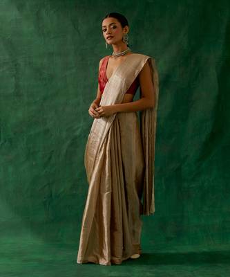 handcrafted beige gold zari silk saree with red chanderi blouse 2