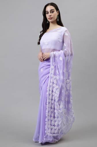 Lavender georgette lucknowi saree