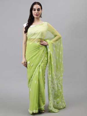 Parrot green georgette lucknowi saree 1