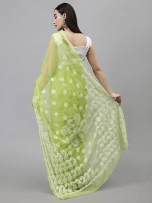 Parrot green georgette lucknowi saree 2