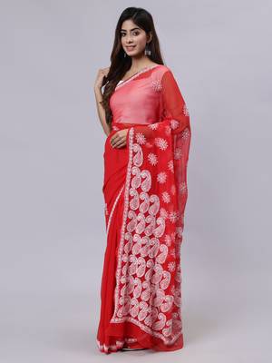 Red georgette lucknowi saree 1