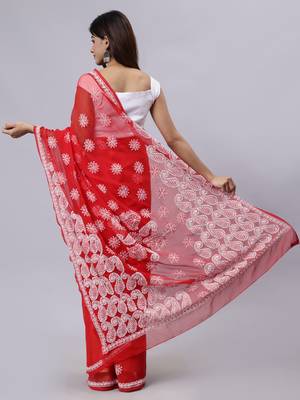 Red georgette lucknowi saree 2