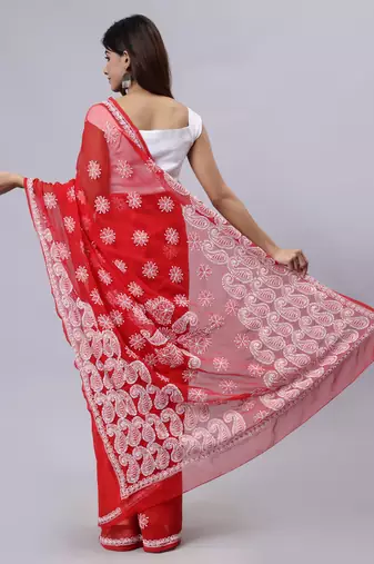 Red georgette lucknowi saree