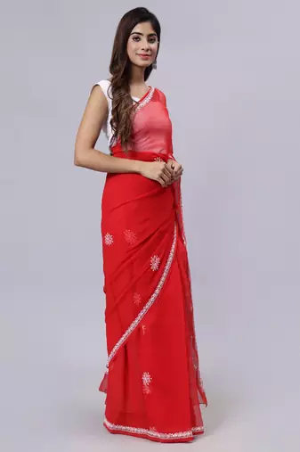 Red georgette lucknowi saree