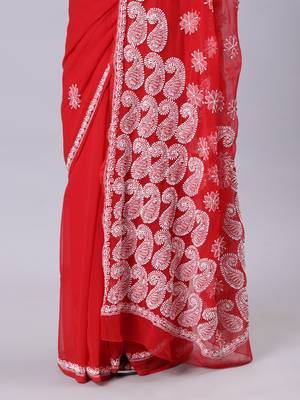 Red georgette lucknowi saree 4