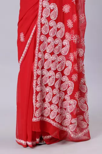 Red georgette lucknowi saree