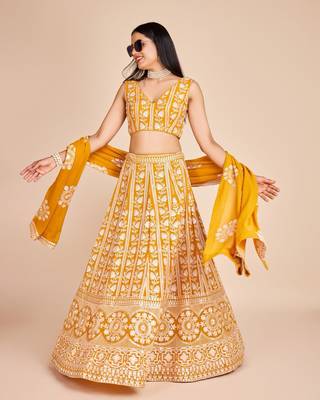 Yellow Faux Georgette Threadwork Lehenga Choli 1