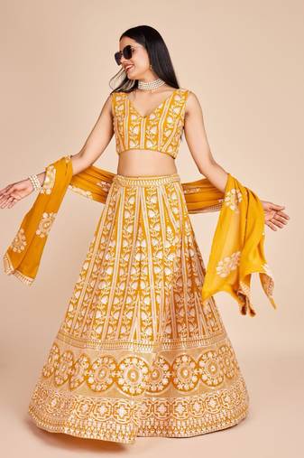 Yellow Faux Georgette Threadwork Lehenga Choli