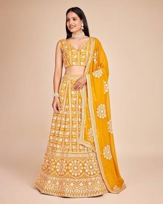 Yellow Faux Georgette Threadwork Lehenga Choli 2