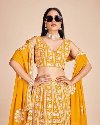 Yellow Faux Georgette Threadwork Lehenga Choli 3