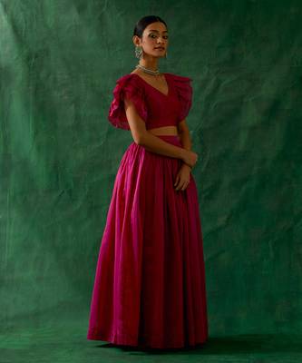 Hot Pink Chanderi Handloom Skirt with Ruffle Top 1