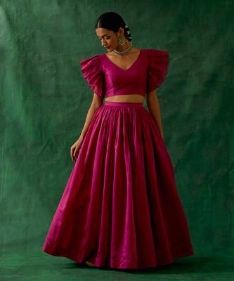 Hot Pink Chanderi Handloom Skirt with Ruffle Top 2