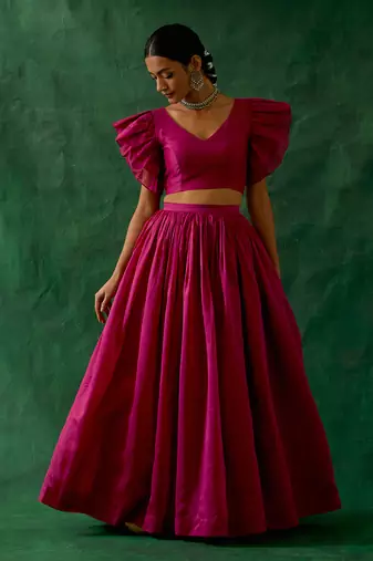 Hot Pink Chanderi Handloom Skirt with Ruffle Top