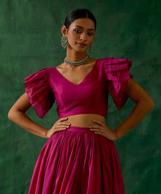 Hot Pink Chanderi Handloom Skirt with Ruffle Top 3