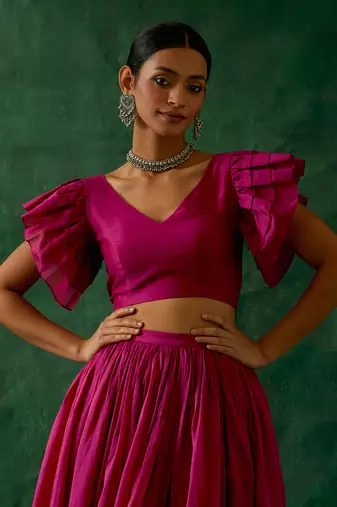 Hot Pink Chanderi Handloom Skirt with Ruffle Top