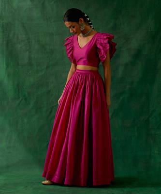 Hot Pink Chanderi Handloom Skirt with Ruffle Top 4
