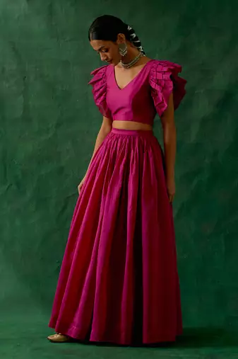 Hot Pink Chanderi Handloom Skirt with Ruffle Top