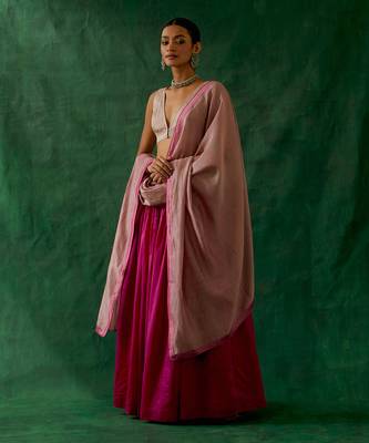 Pink Chanderi Handloom Skirt & Zari Blouse with Dupatta 1