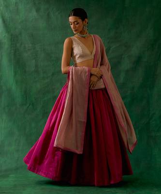 Pink Chanderi Handloom Skirt & Zari Blouse with Dupatta 2