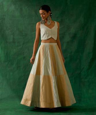 Silver & Gold Zari Silk Waistcoat Top with Flared Skirt 1