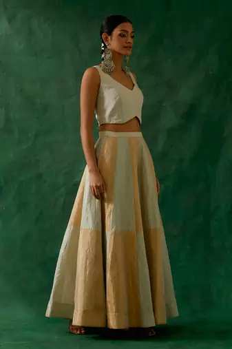 Silver & Gold Zari Silk Waistcoat Top with Flared Skirt