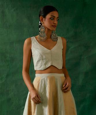 Silver & Gold Zari Silk Waistcoat Top with Flared Skirt 3