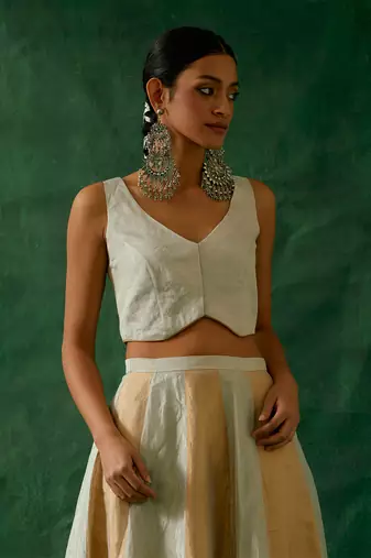 Silver & Gold Zari Silk Waistcoat Top with Flared Skirt